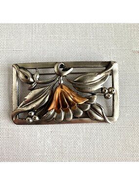 Art Nouveau Silver Tone Copper Accent Floral Bell Flower Brooch Pin, 1940s